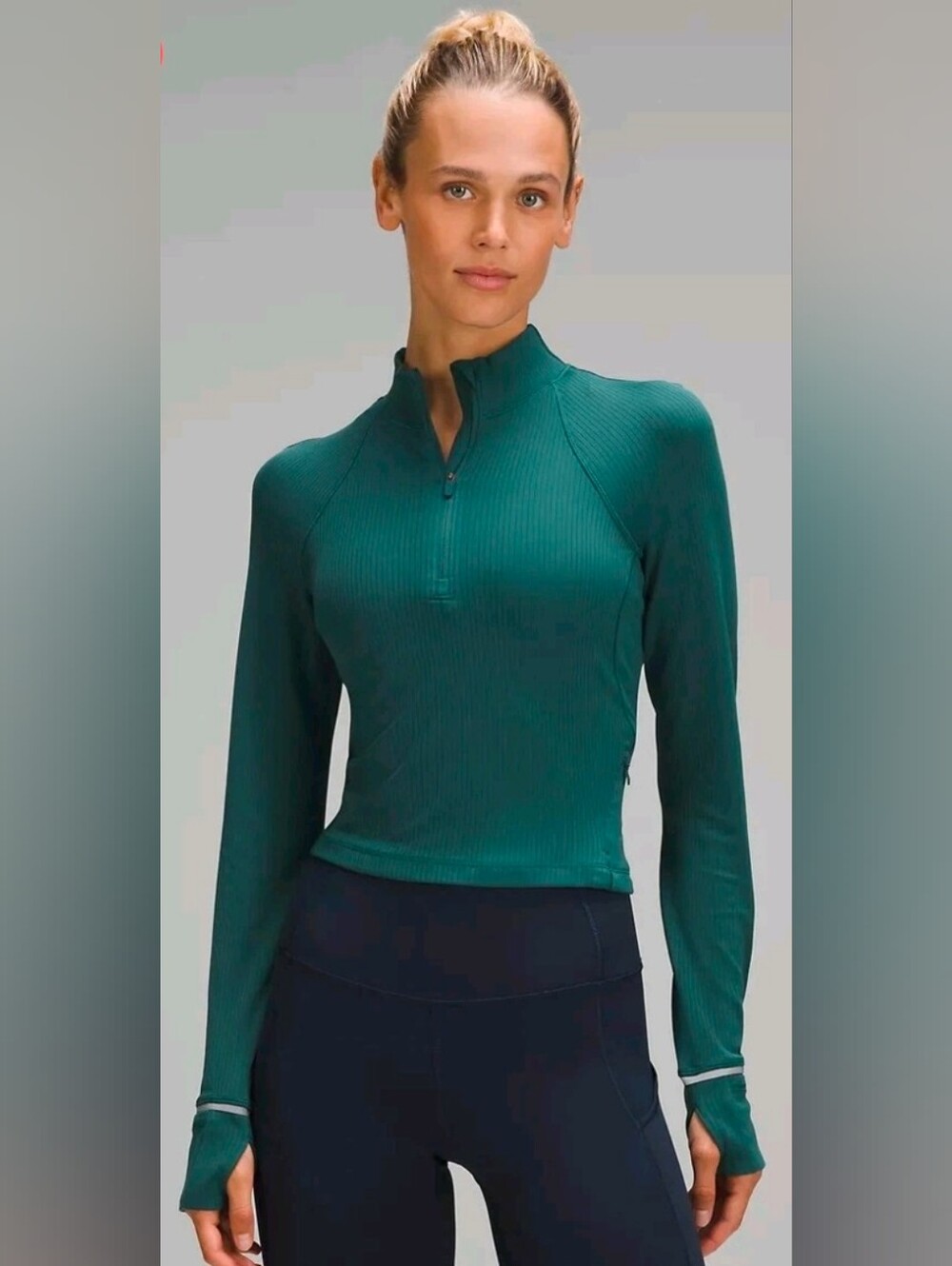 LULULEMON Long-Sleeve Ribbed Half-Zip Crop Top in Teal sz 8